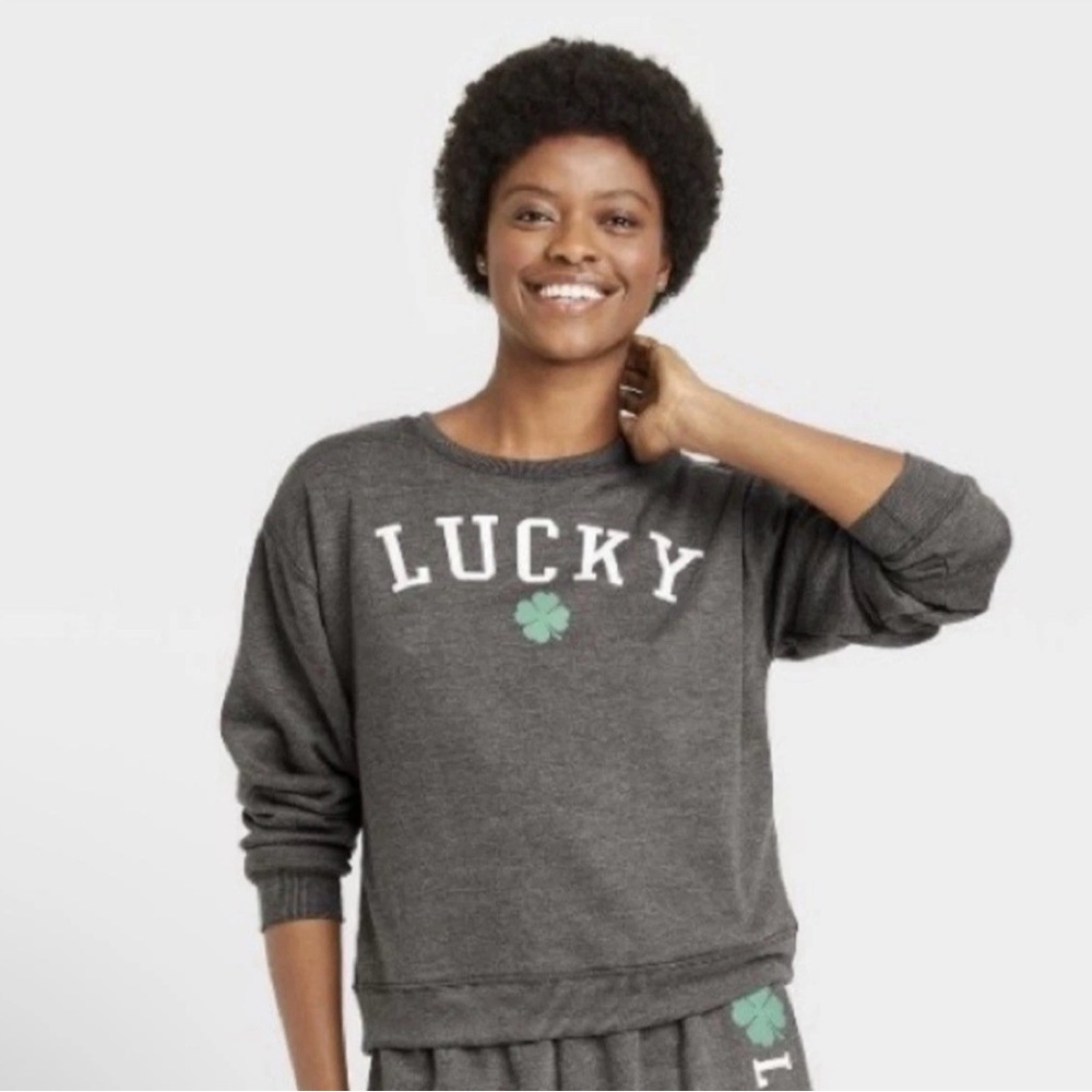 Modern Lux Charcoal Gray LUCKY Shamrock Sweatshirt XXL NWT Cozy Lounge